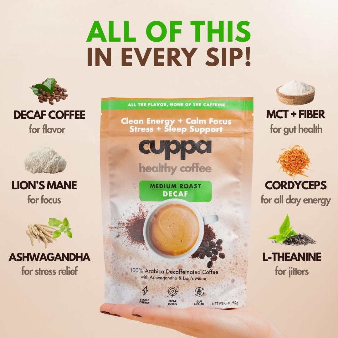Cuppa Healthy Coffee taza servida en mesa para disfrutar sin cafeína