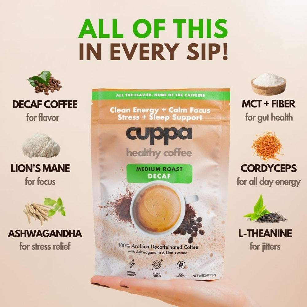 Cuppa Healthy Coffee taza servida en mesa para disfrutar sin cafeína