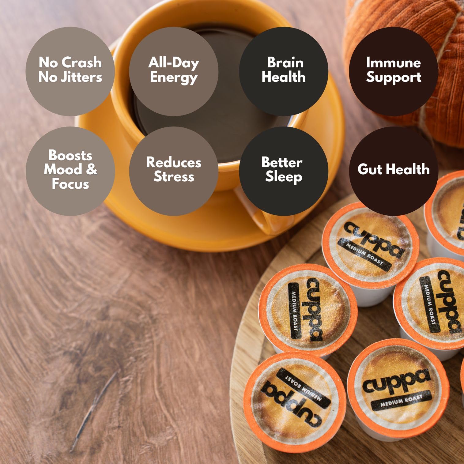 Cuppa Healthy Coffee taza preparada en mesa transmite sabor auténtico y disfrute