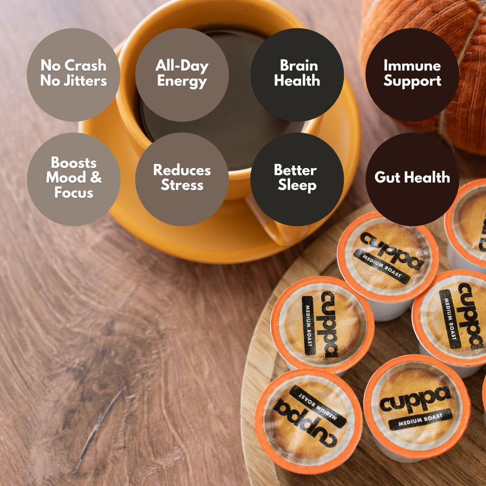 Cuppa Healthy Coffee taza preparada en mesa transmite sabor auténtico y disfrute