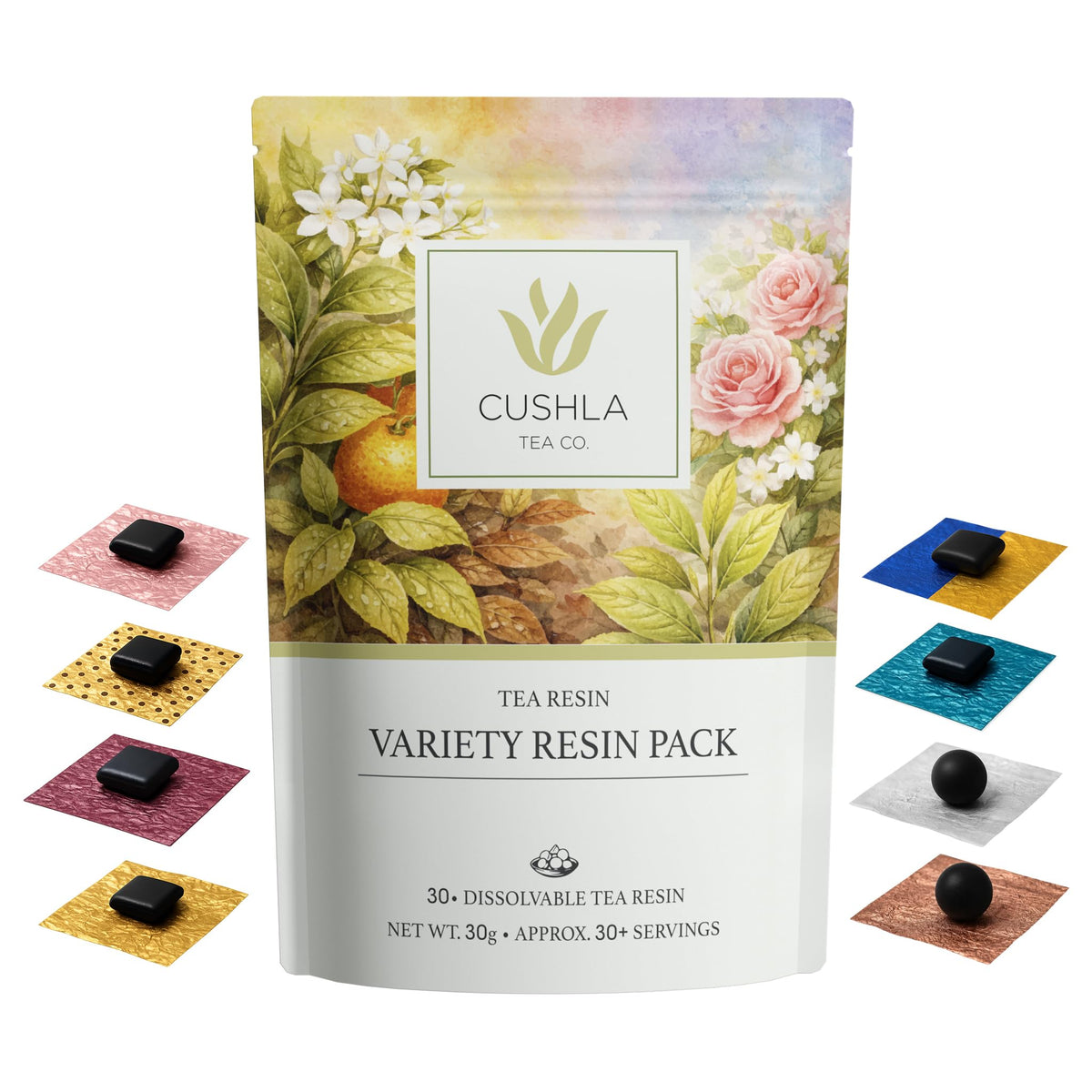 CUSHLA empaque frontal del surtido de resinas pu-erh mostrando la caja y beneficios