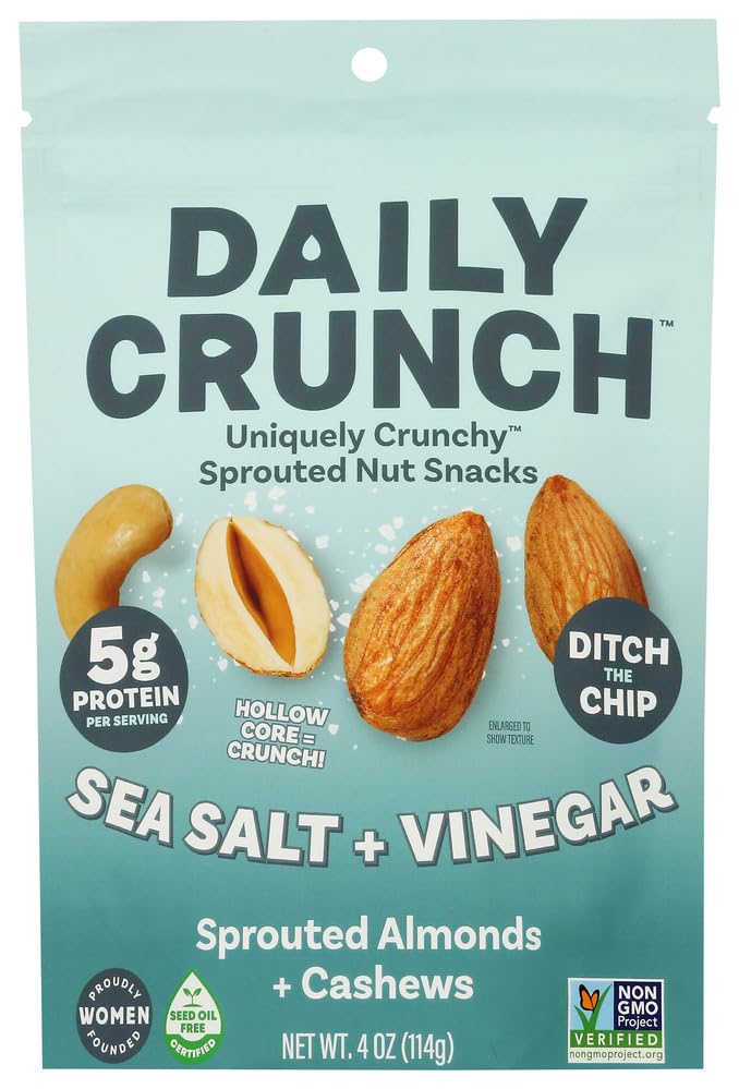 Daily Crunch empaque frontal mostrando almendras germinadas y beneficio práctico