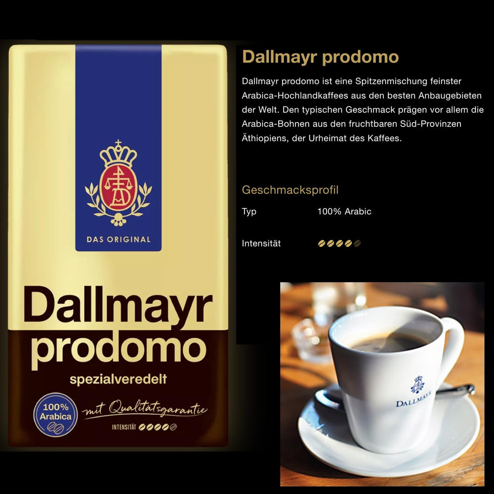 Dallmayr paquete junto a regla, comparación de tamaño y cantidad clara