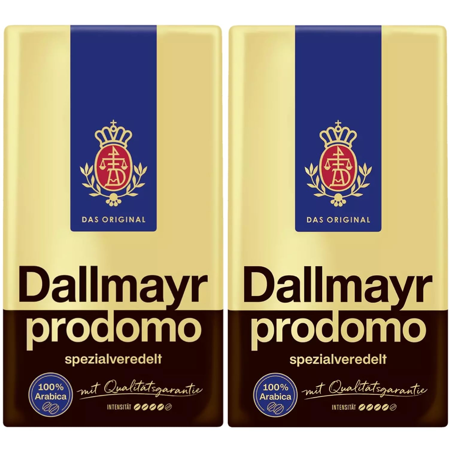 Dallmayr paquete frontal mostrando marca y tamaño, transmite calidad premium
