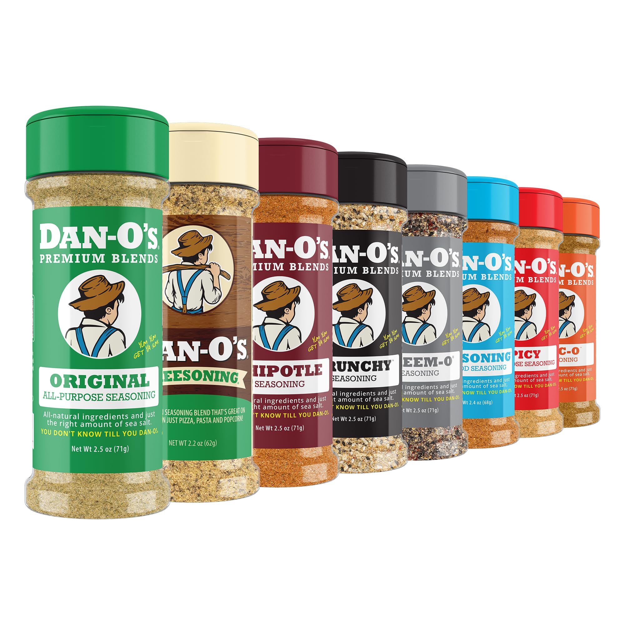 Dan-O’s paquete frontal con ocho frascos mostrando variedad y conveniencia