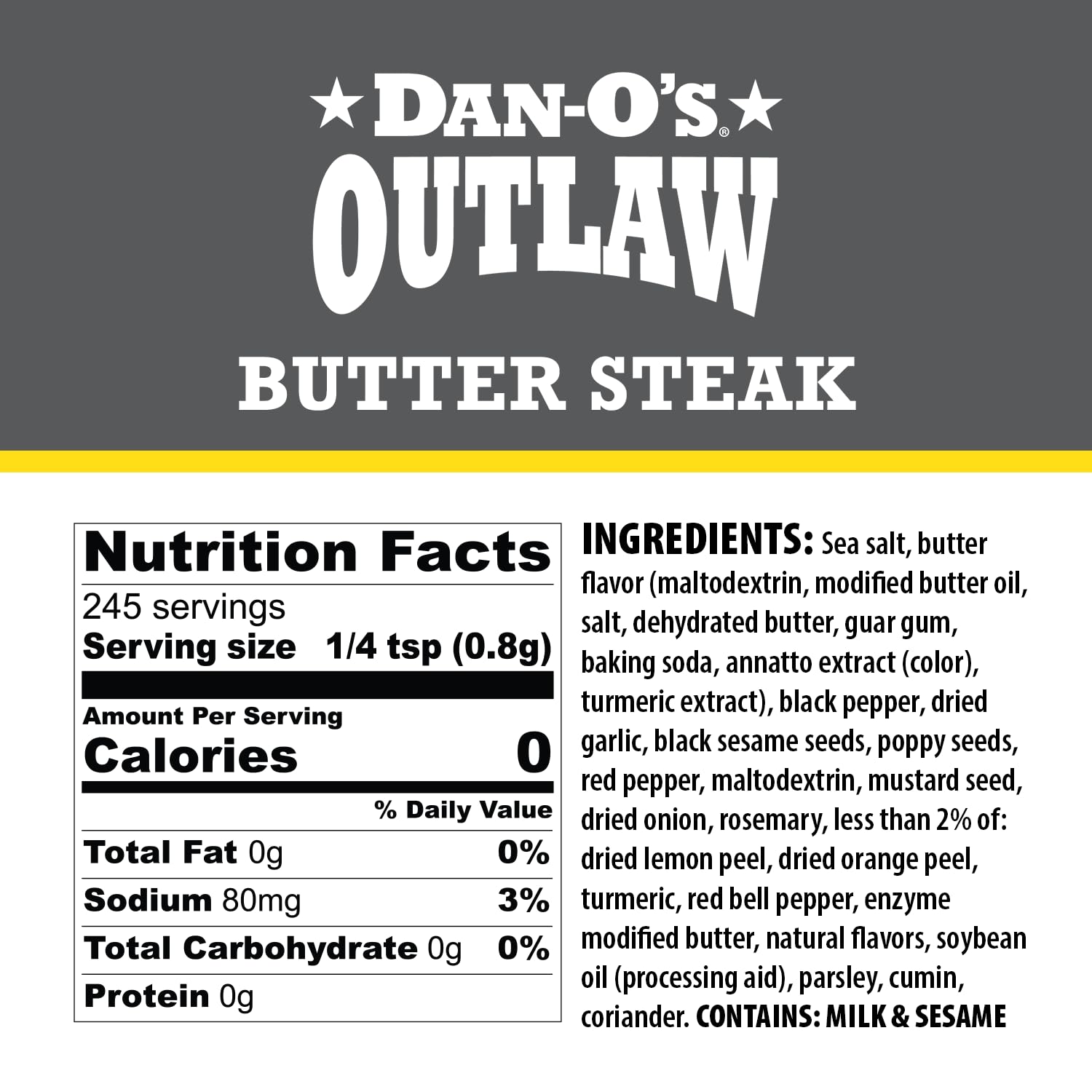 Dan-O's tres frascos alineados mostrando Butter Dust, Butter Steak y Blackened
