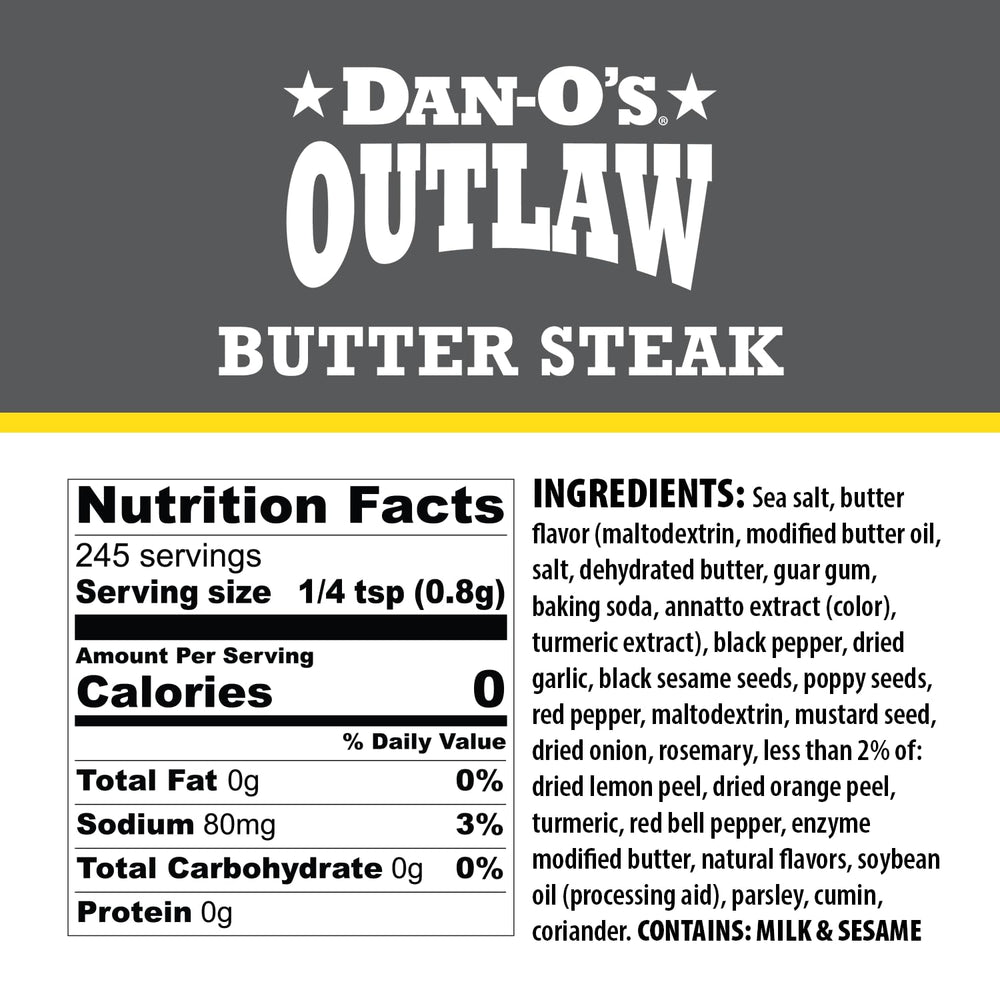 Dan-O's tres frascos alineados mostrando Butter Dust, Butter Steak y Blackened