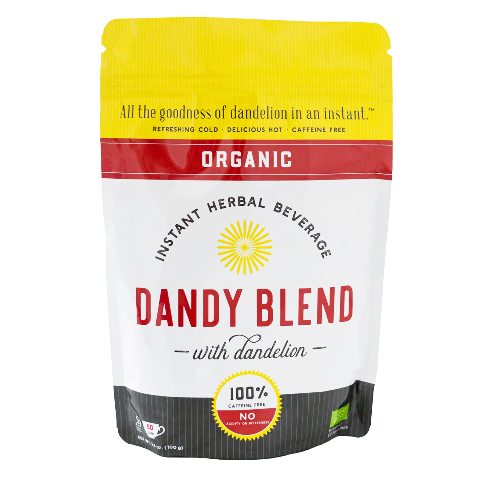 Dandy Blend frente del empaque mostrando la bolsa y etiqueta claramente, alternativa sin cafeína