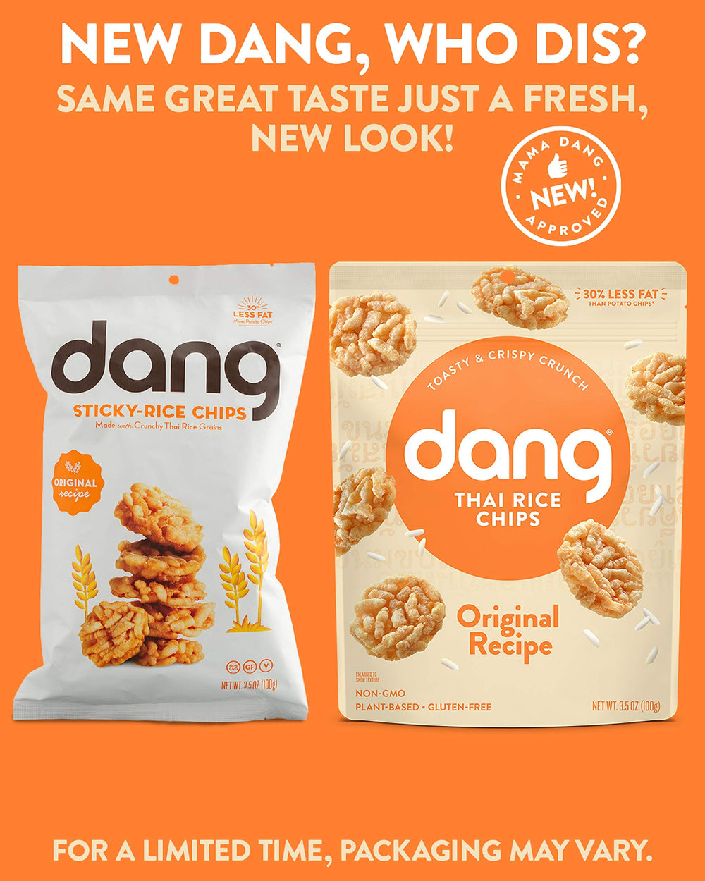 DANG chips en mano mostrando porción lista para comer y portabilidad