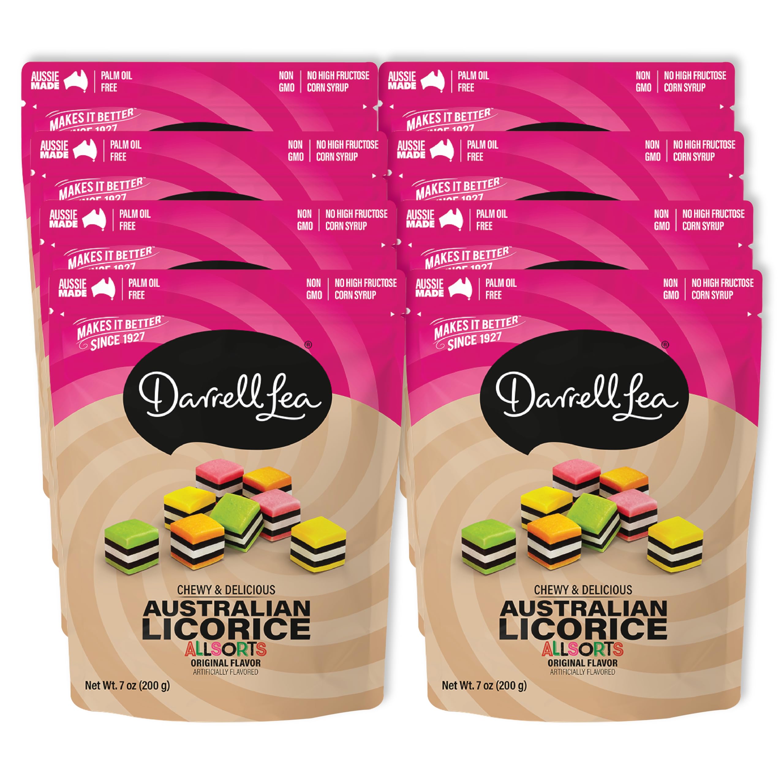 Darrell Lea empaque frontal Allsorts mostrando variedad y conveniencia para compartir