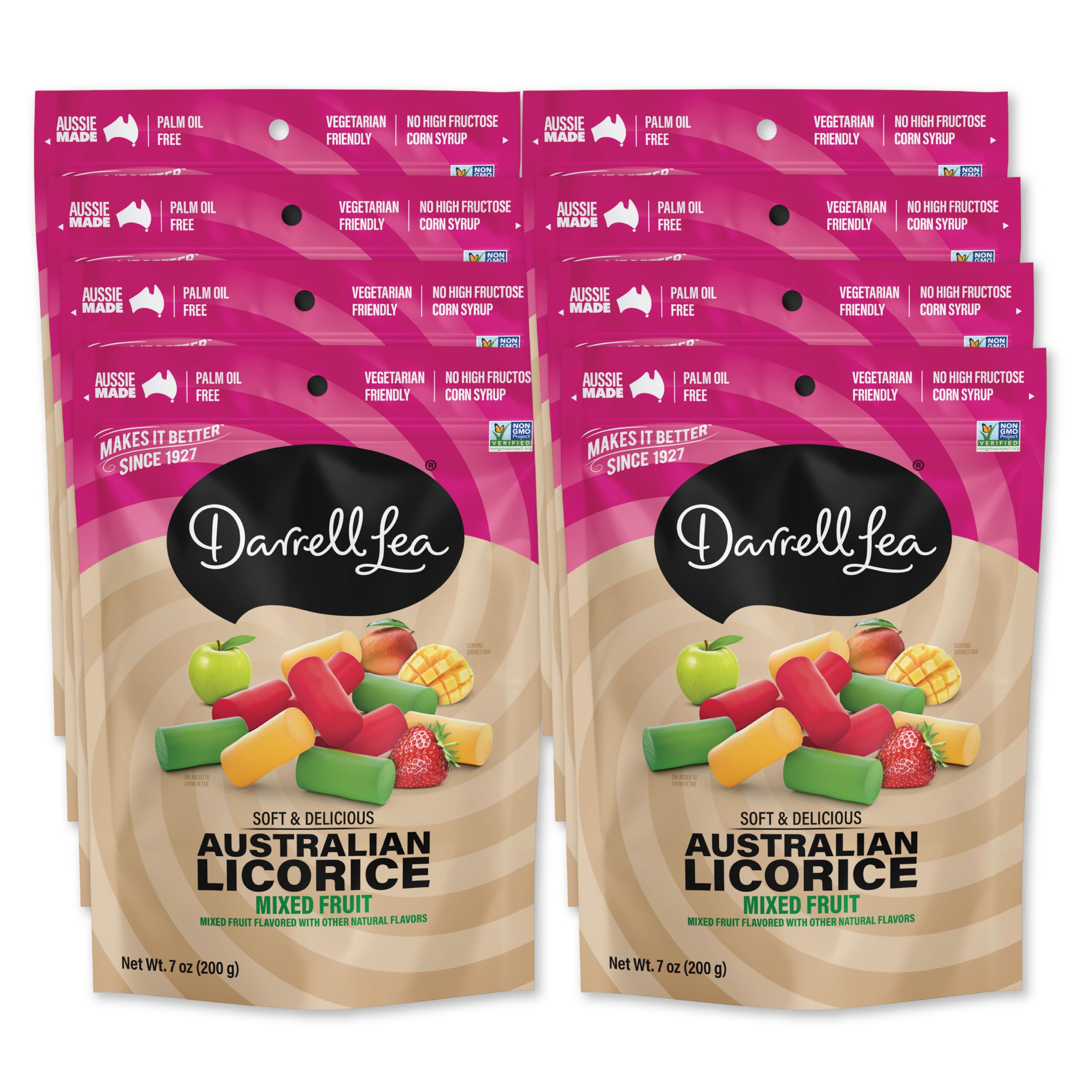 Darrell Lea empaque frontal mostrando mezcla de sabores y practicidad