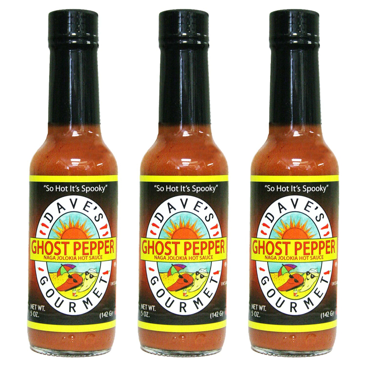 Dave's Gourmet frente pack de 3 mostrando botellas y etiqueta clara