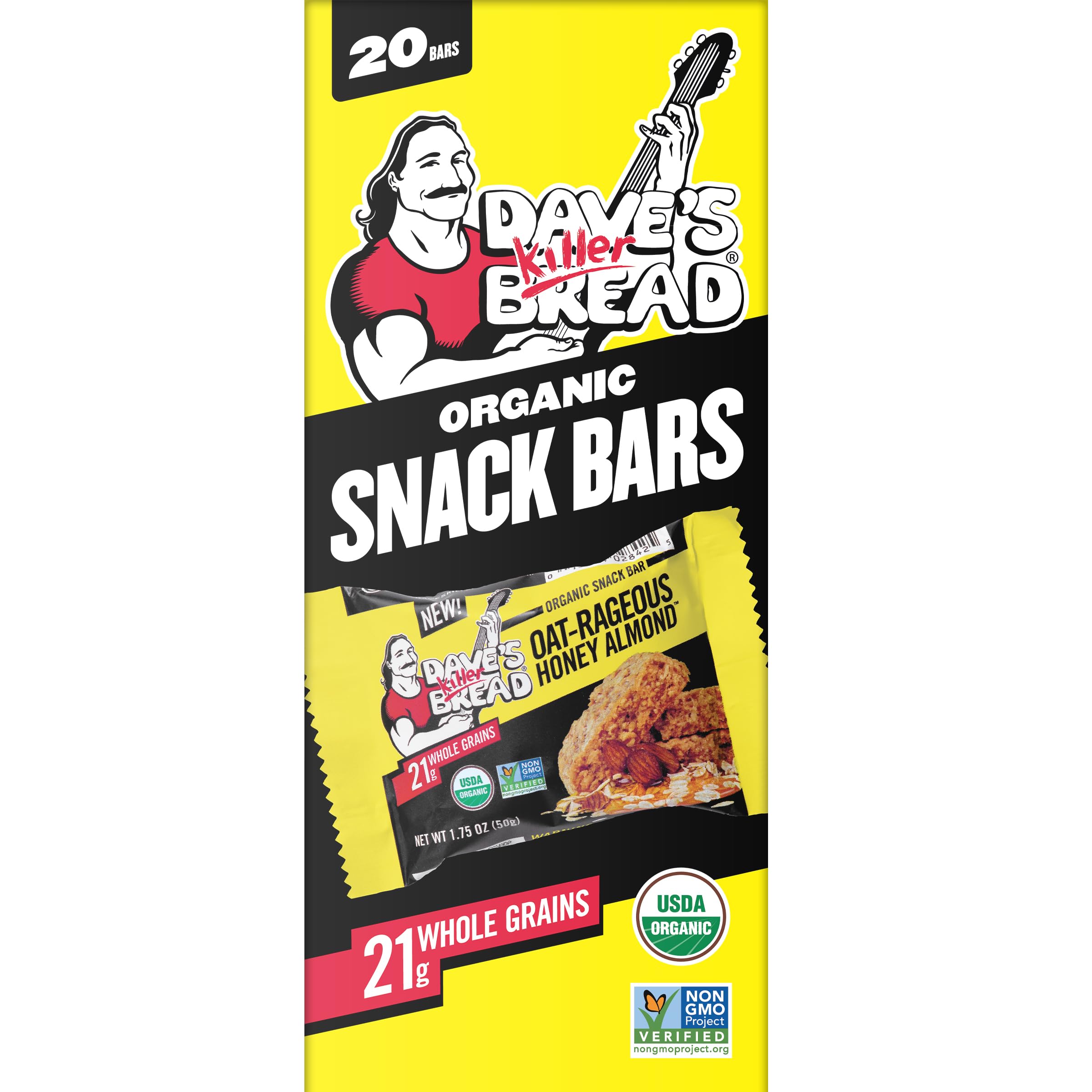 Dave's Killer Bread caja frontal mostrando 20 barras y beneficios