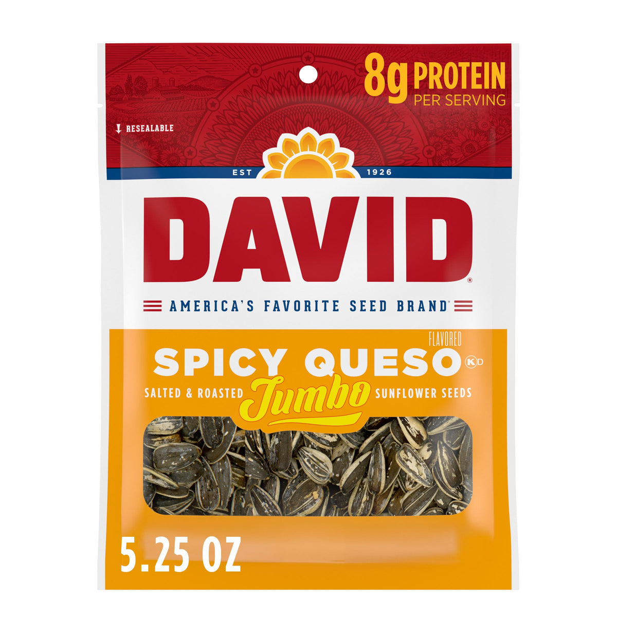 DAVID frente del empaque Spicy Queso mostrando diseño y tamaño práctico