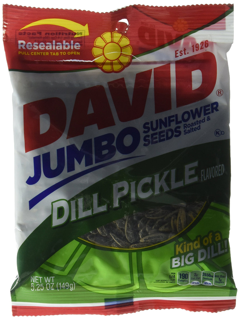 David envase frontal de 3 paquetes con sabor dill pickle, práctico para llevar