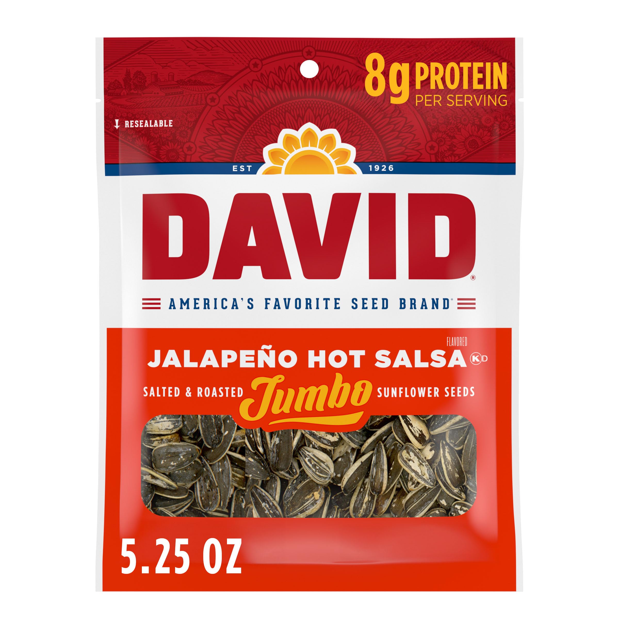 DAVID paquete frontal jalapeño con diseño llamativo y fácil identificación del sabor