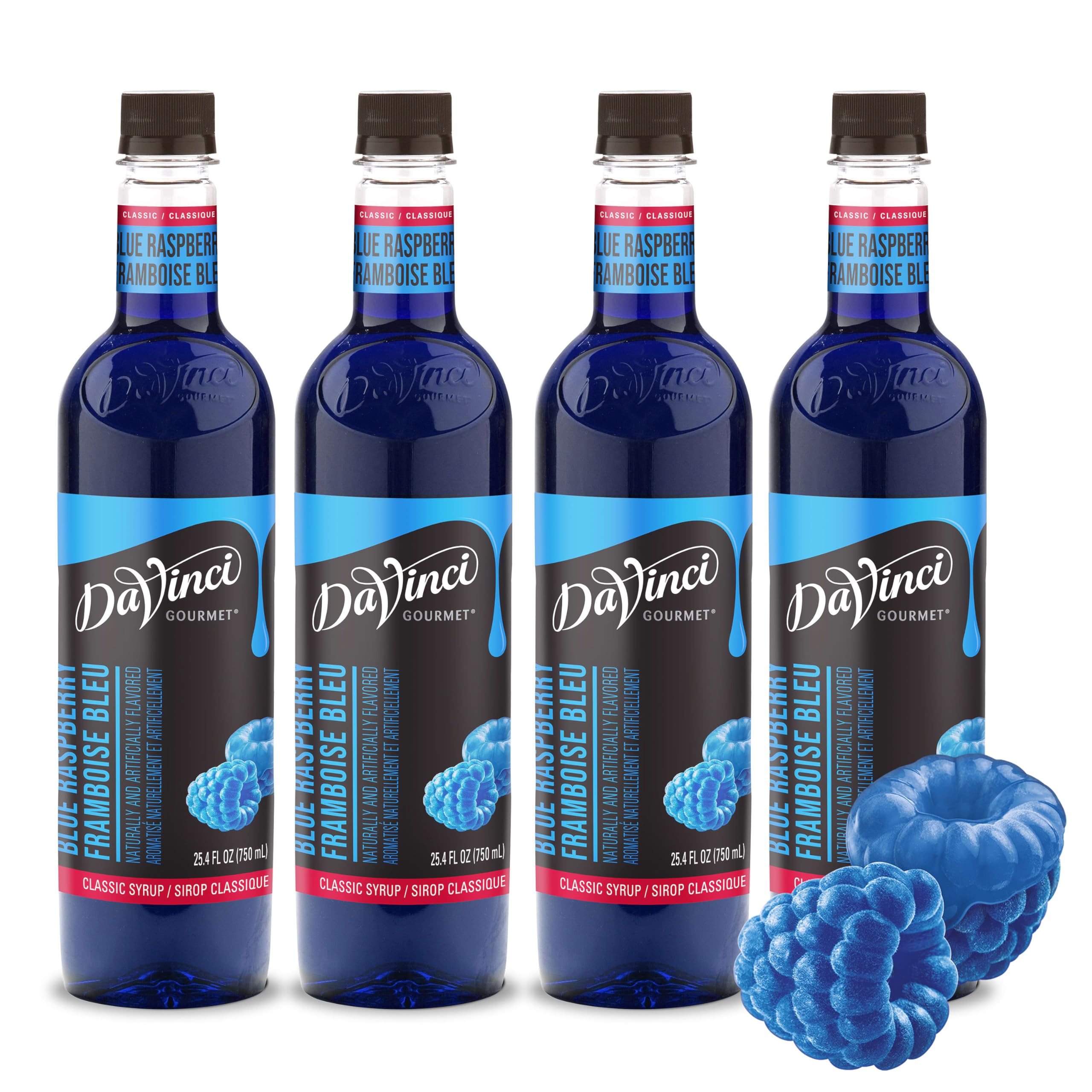 DaVinci Gourmet botella frontal mostrando jarabe azul y atractivo visual