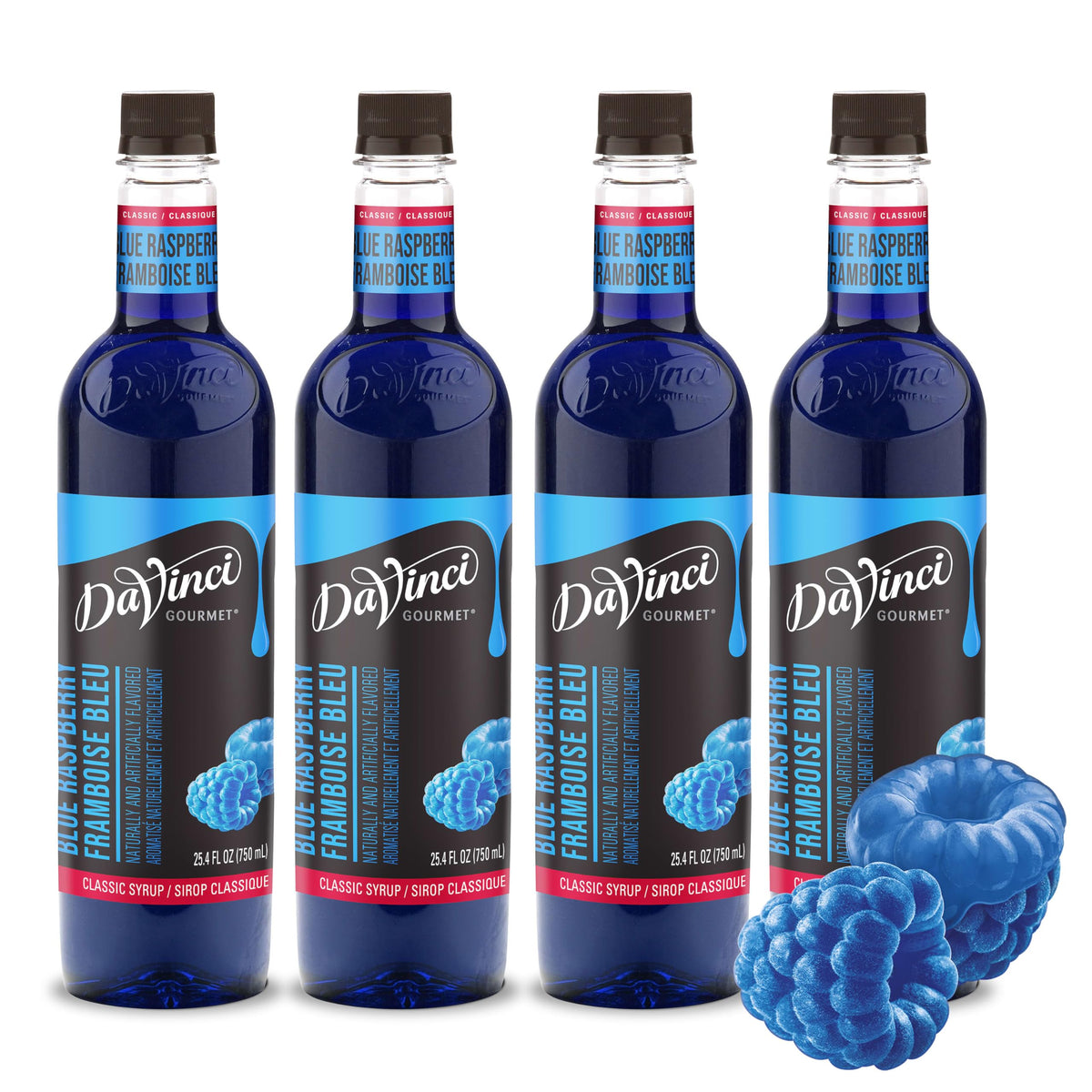 DaVinci Gourmet botella frontal mostrando jarabe azul y atractivo visual
