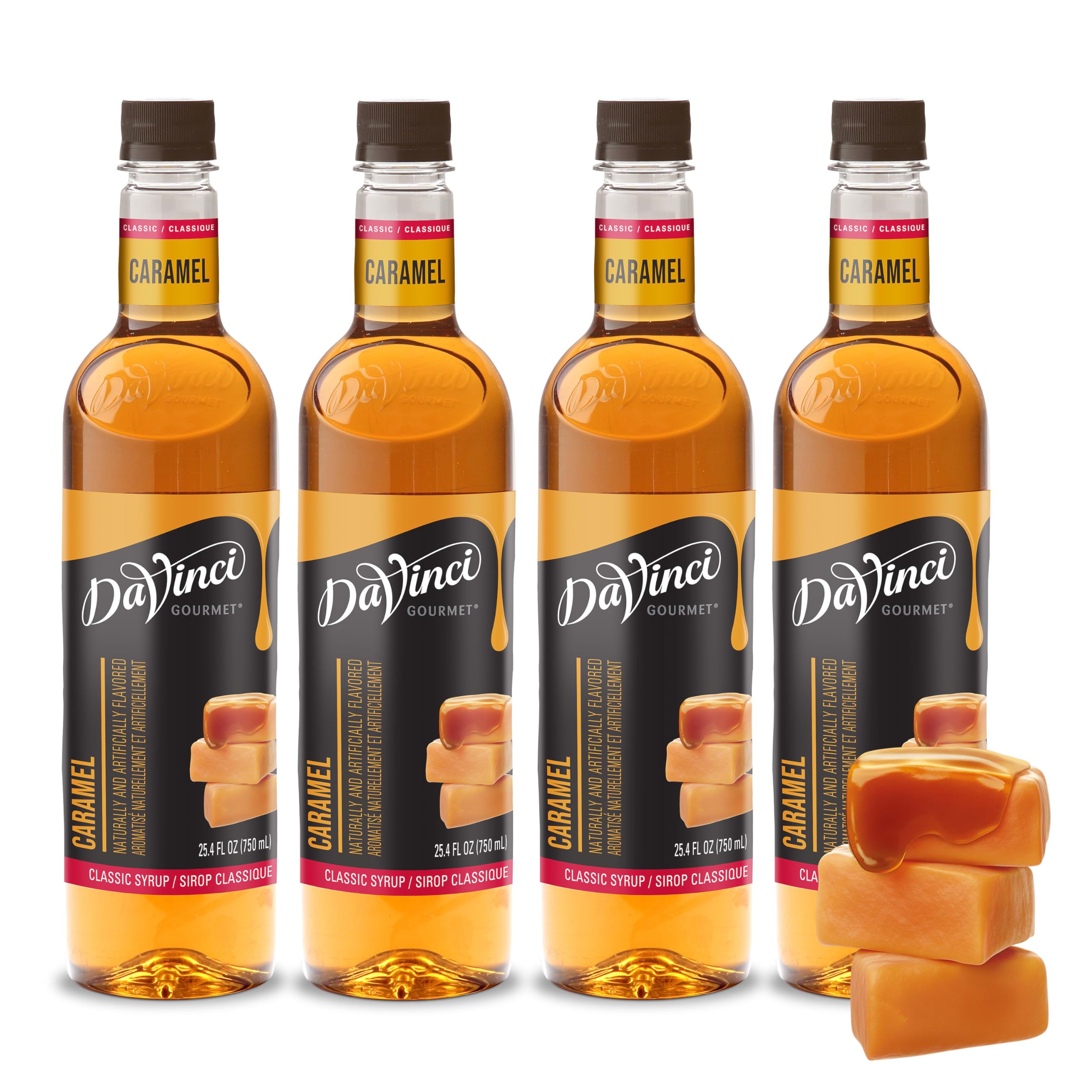 DaVinci Gourmet jarabe caramelo clásico botella frontal muestra uso