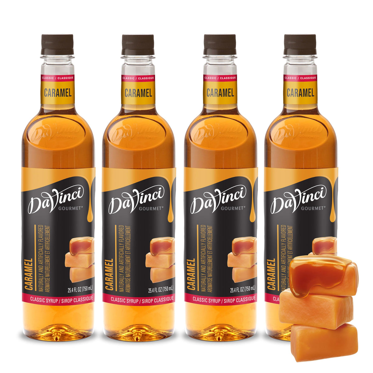 DaVinci Gourmet jarabe caramelo clásico botella frontal muestra uso
