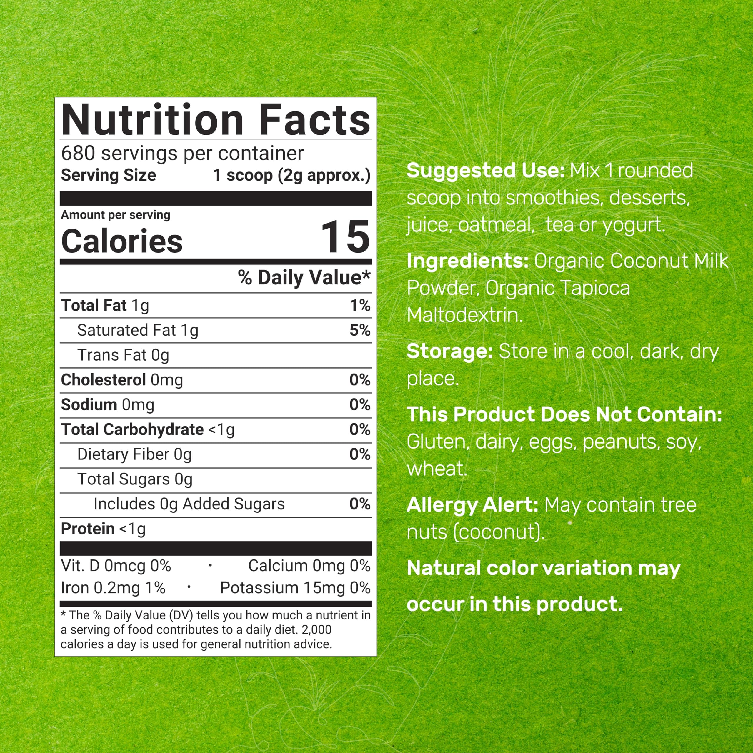 DEAL SUPPLEMENT textura en polvo de leche de coco, aspecto fino y fácil disolución