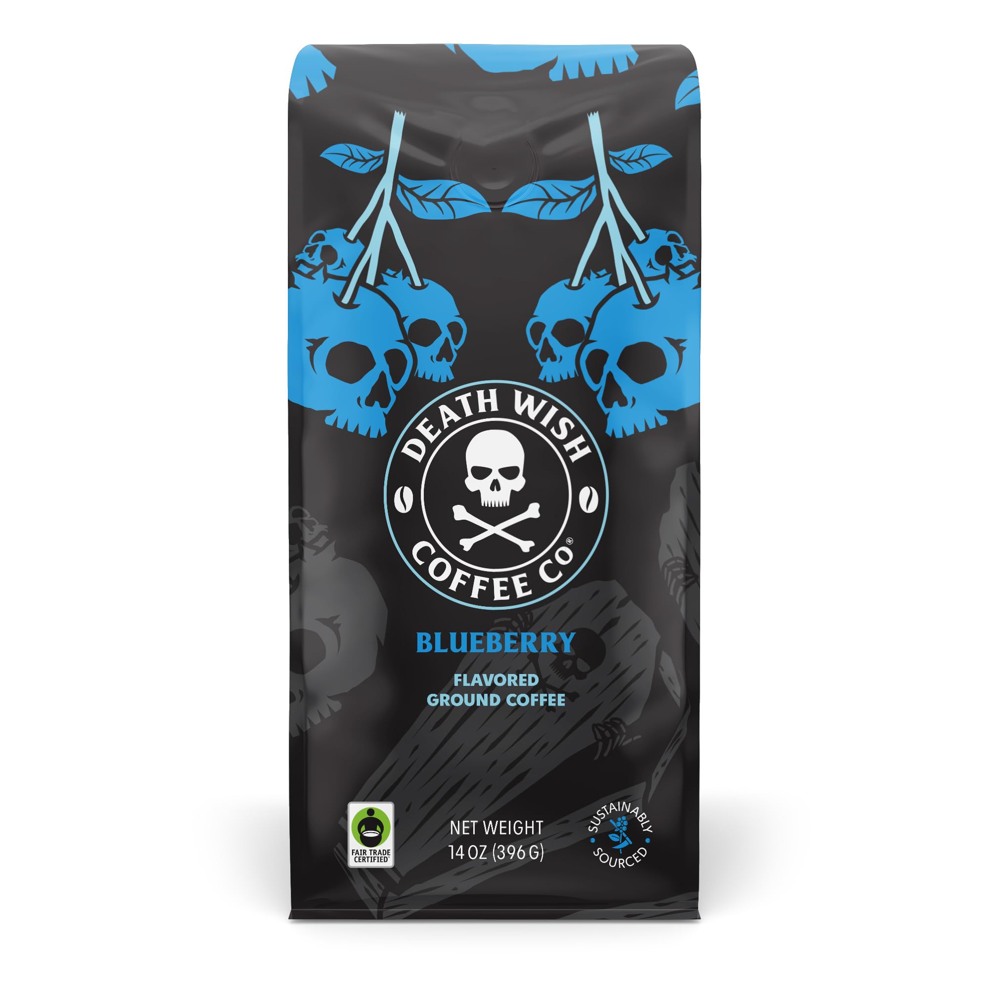 Death Wish Coffee frente del empaque mostrando la bolsa azul y el logo para identificar el producto