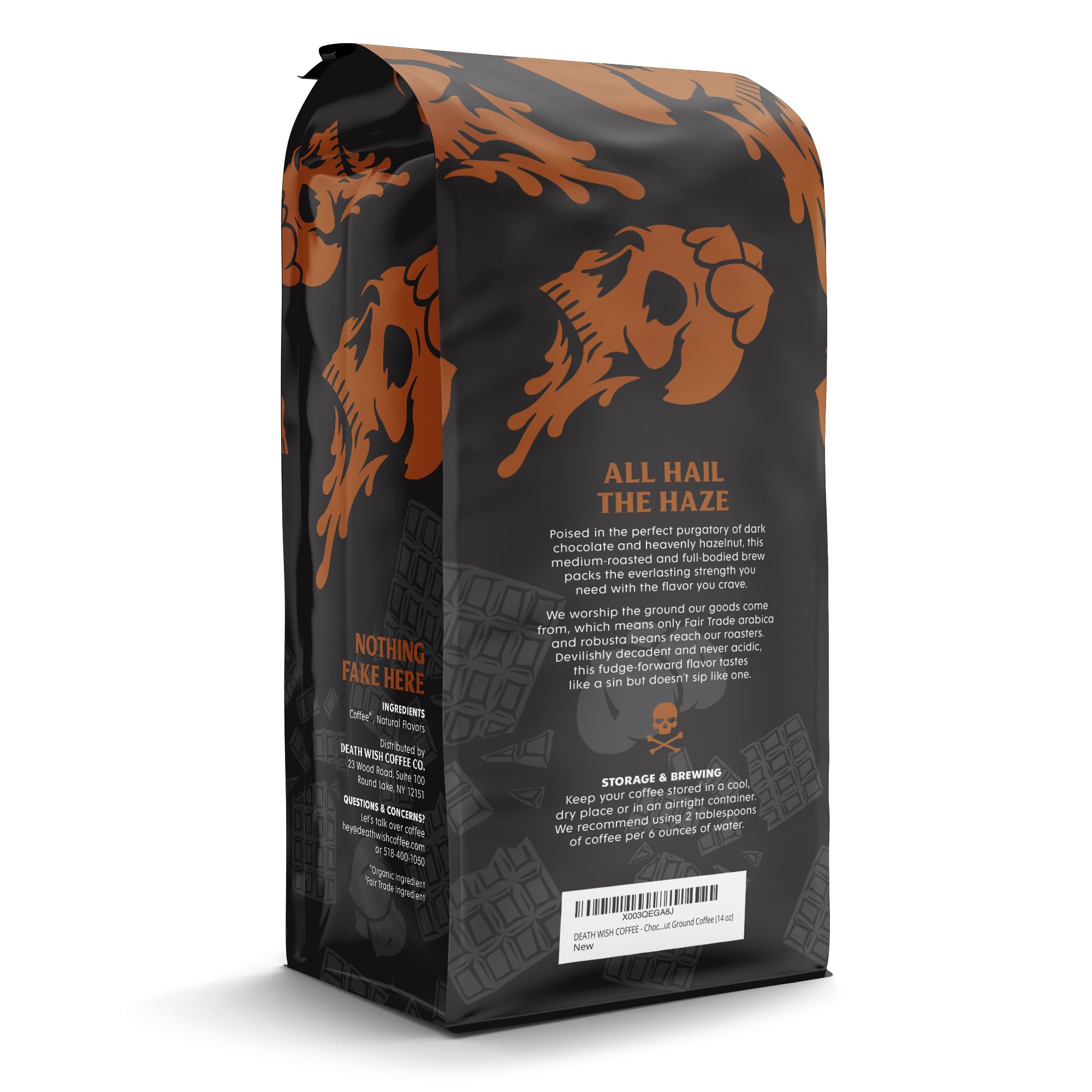 Death Wish Coffee bolsa abierta con café molido listo para preparar