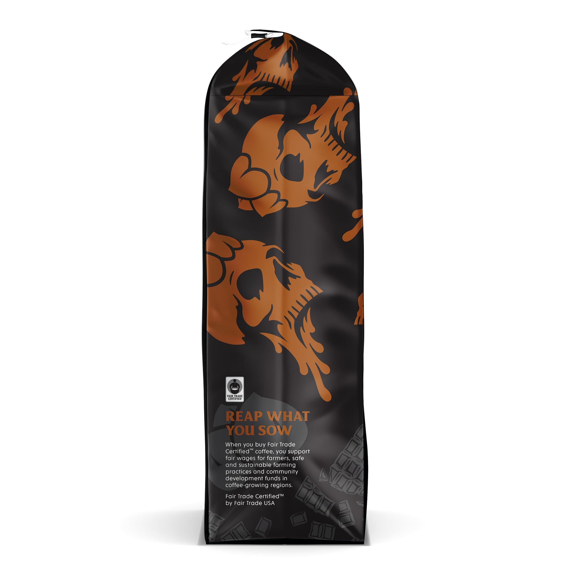 Death Wish Coffee bolsa junto a una regla para mostrar tamaño real