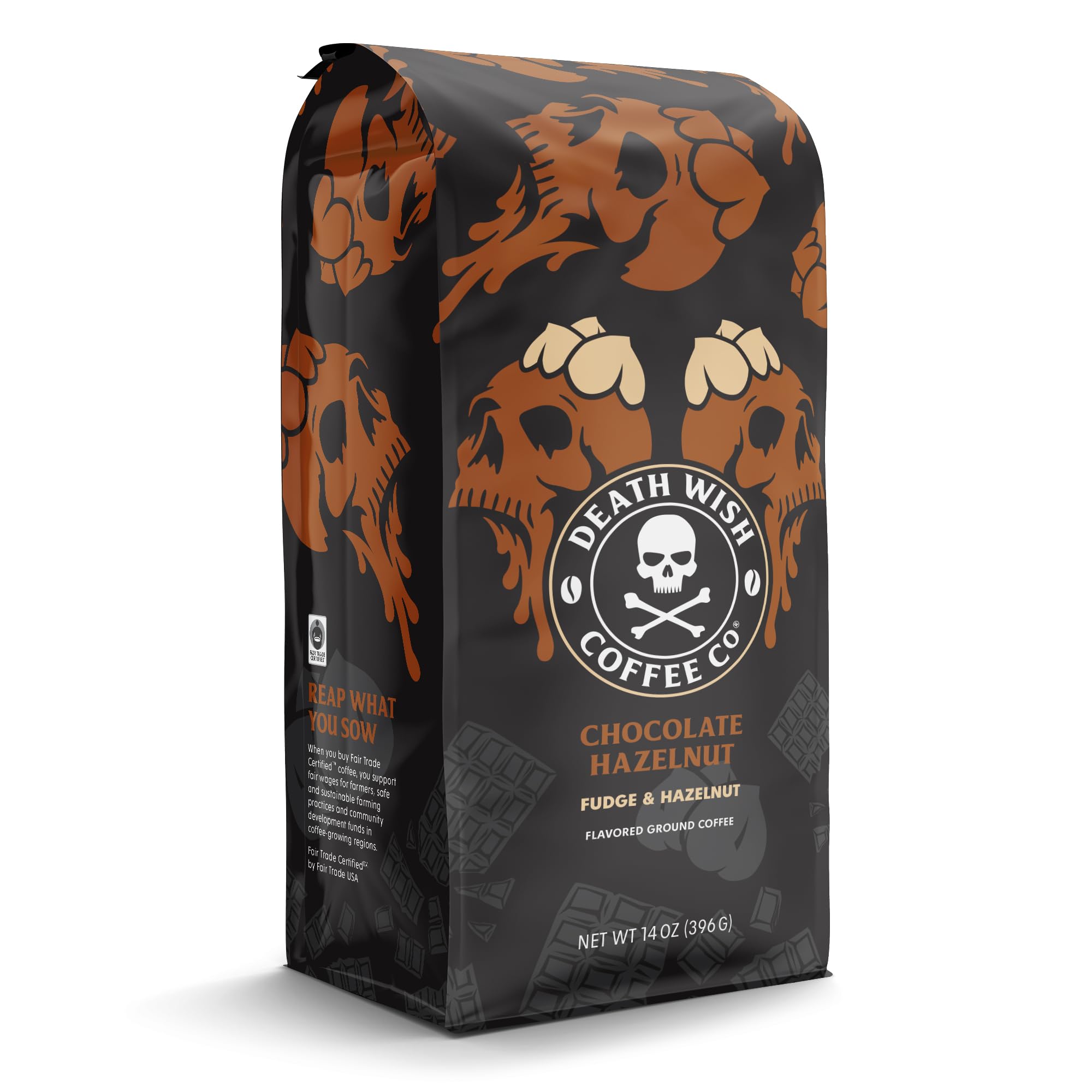 Death Wish Coffee etiqueta Fair Trade visible, garantía de comercio justo
