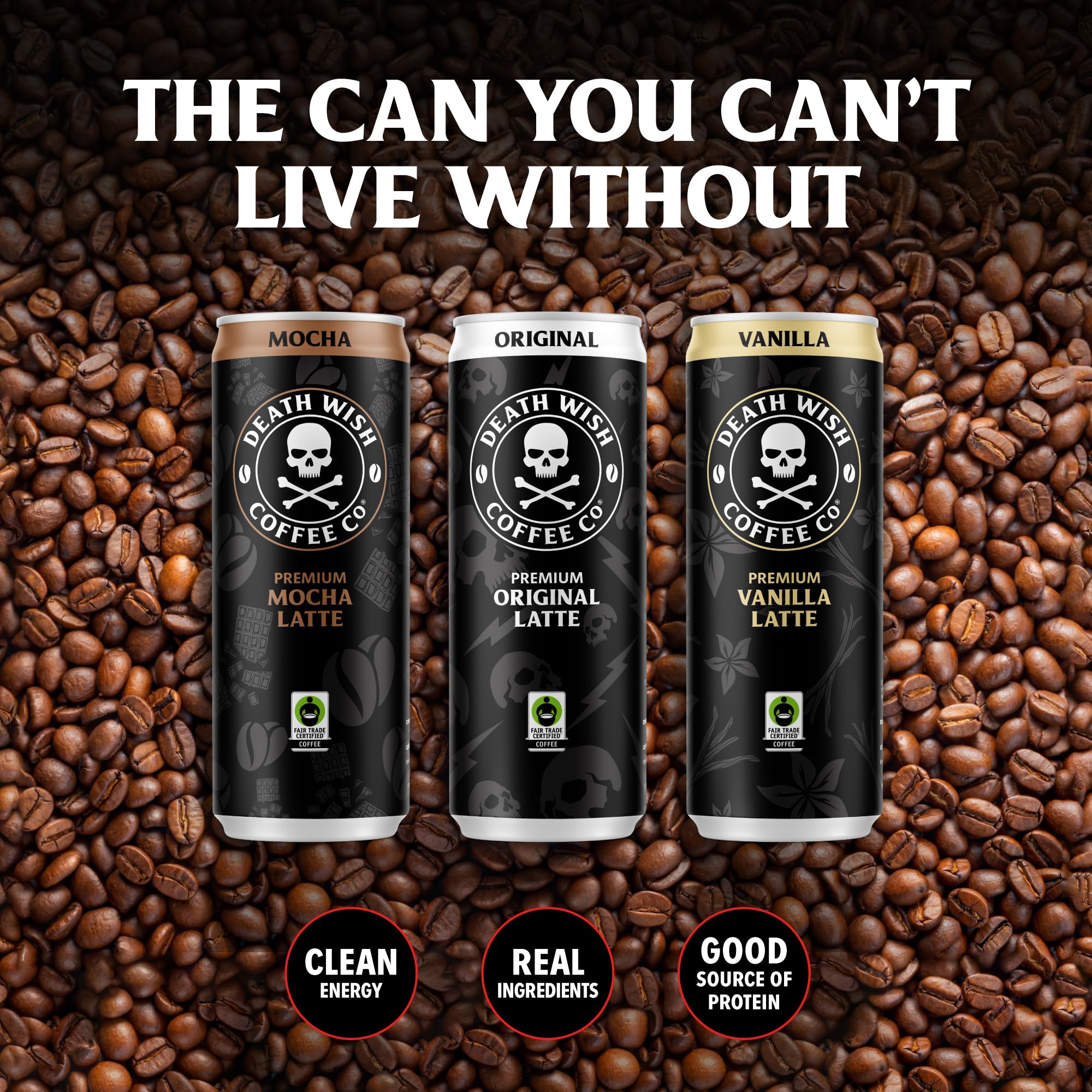 Death Wish Coffee comparación de tamaño junto a un móvil para escala