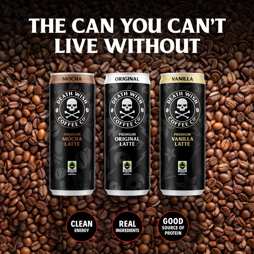 Death Wish Coffee comparación de tamaño junto a un móvil para escala
