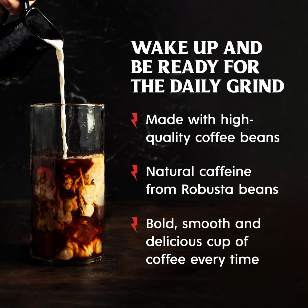 Death Wish Coffee etiqueta con sellos USDA Organic y Fair Trade visibles