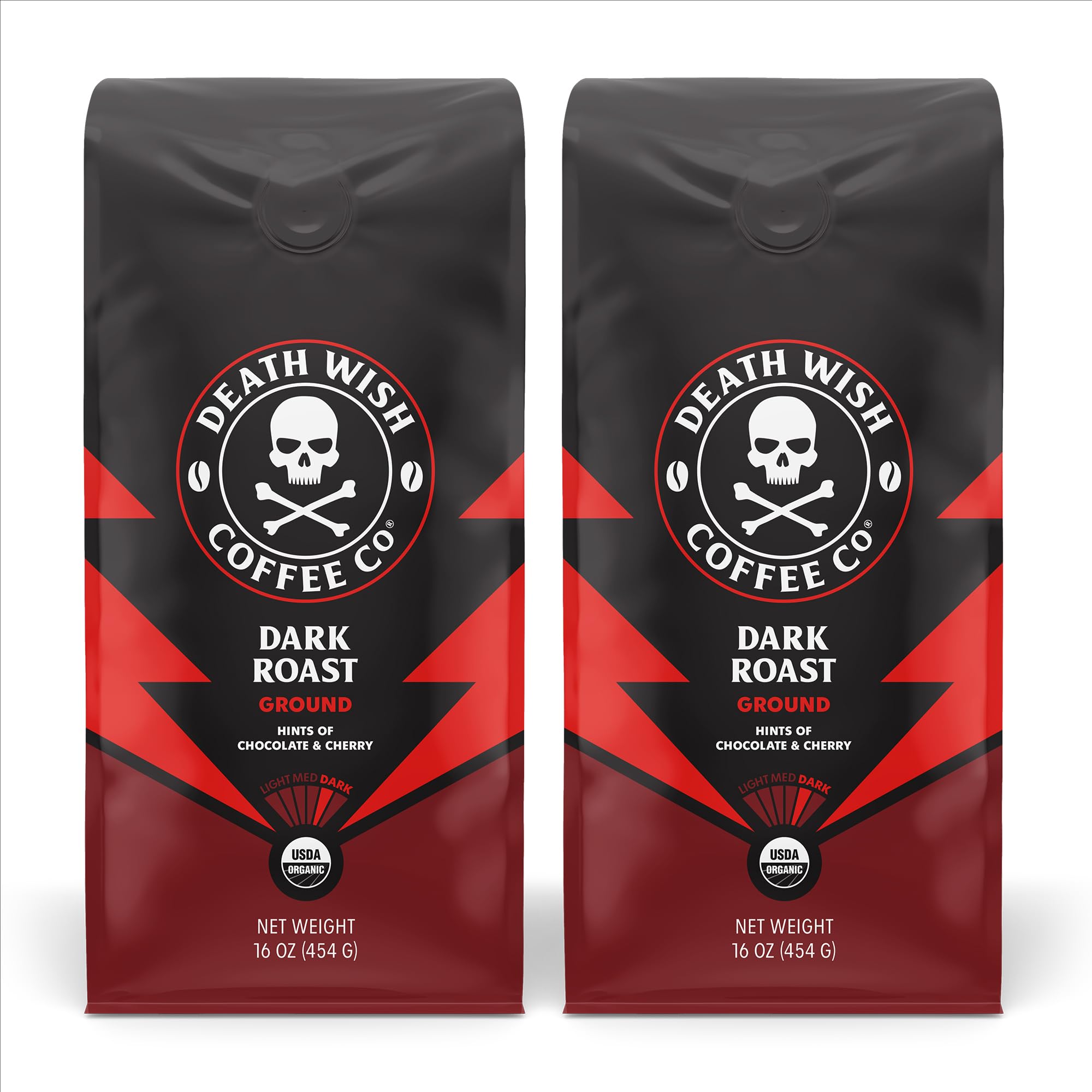 Death Wish Coffee frente del empaque mostrando pack doble y conveniencia