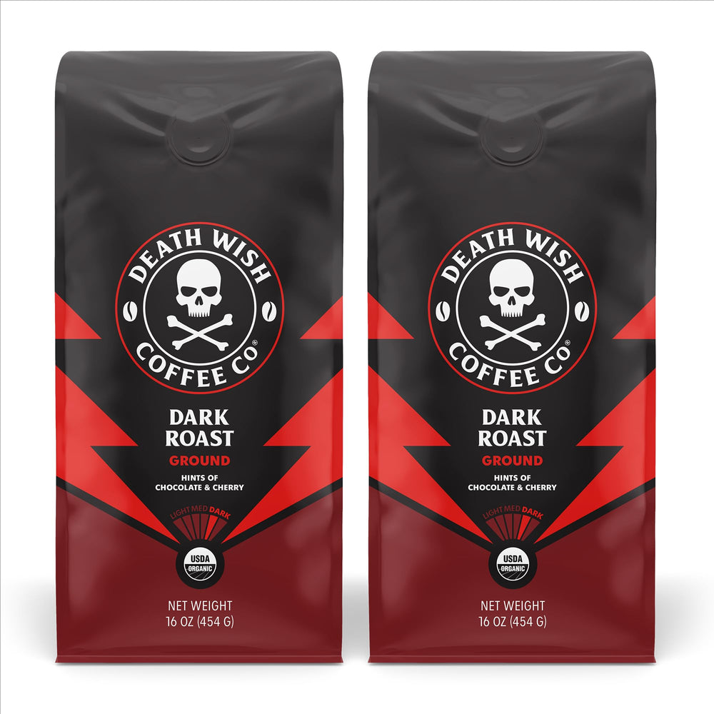 Death Wish Coffee frente del empaque mostrando pack doble y conveniencia