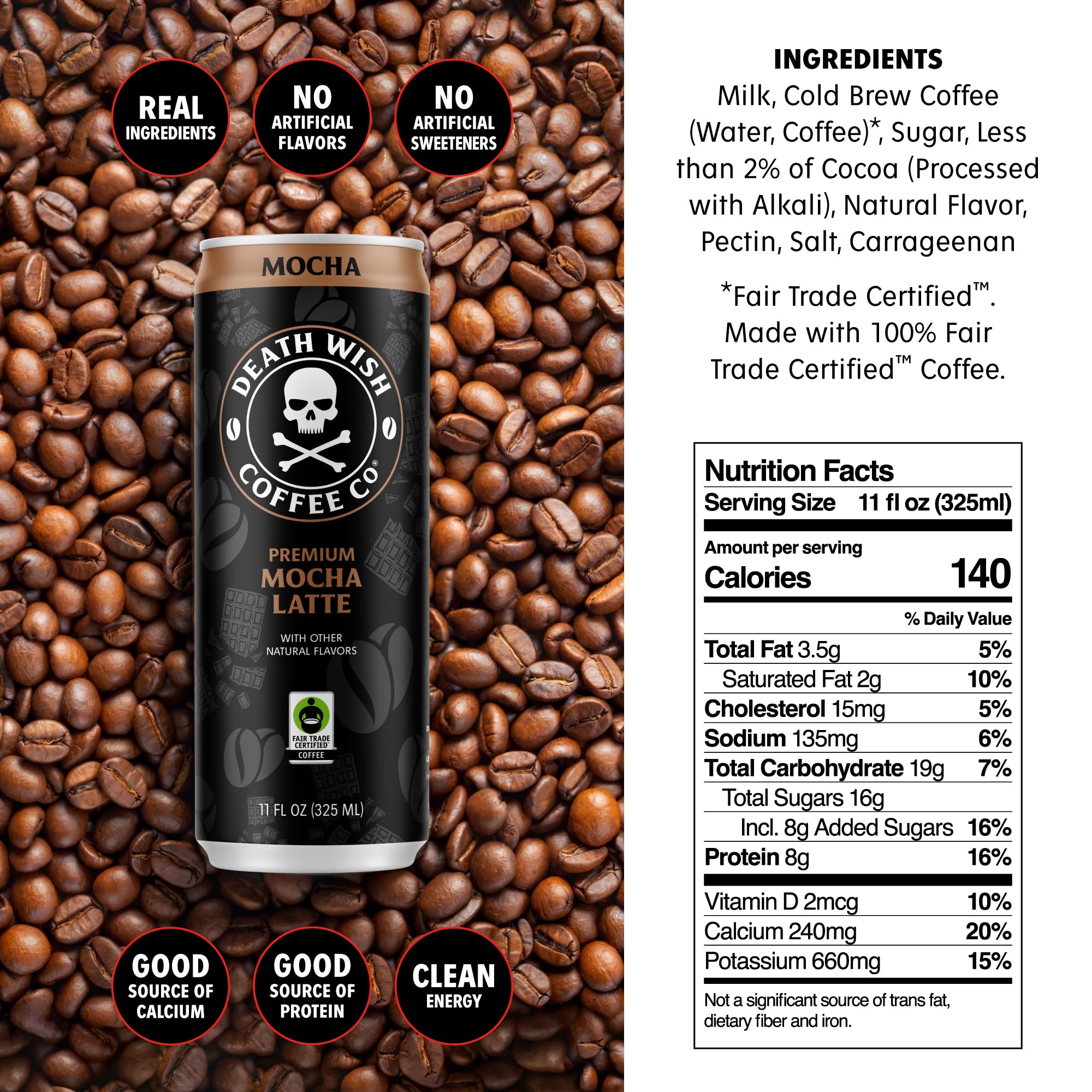 Death Wish Coffee lata vista angular que resalta la marca
