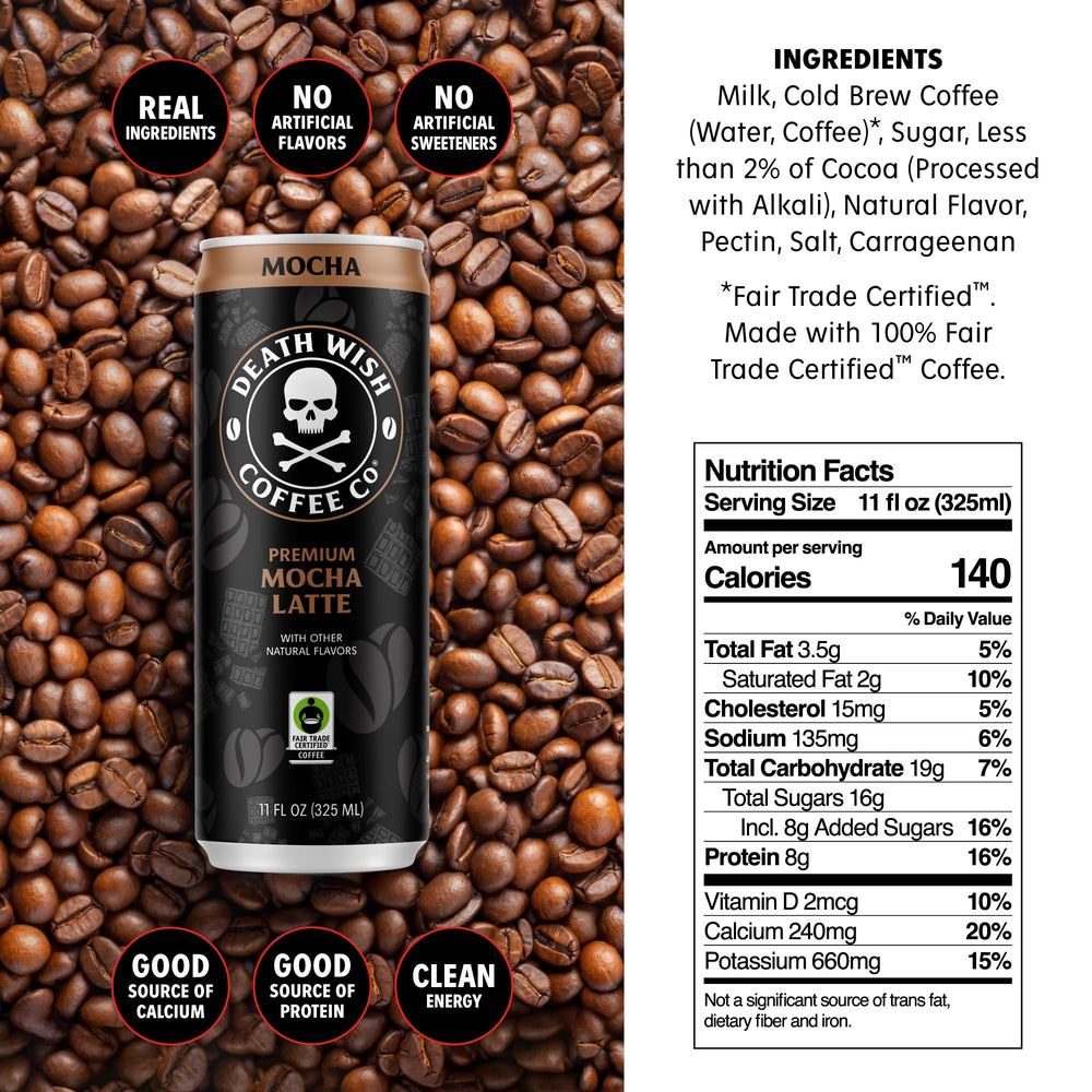 Death Wish Coffee lata vista angular que resalta la marca