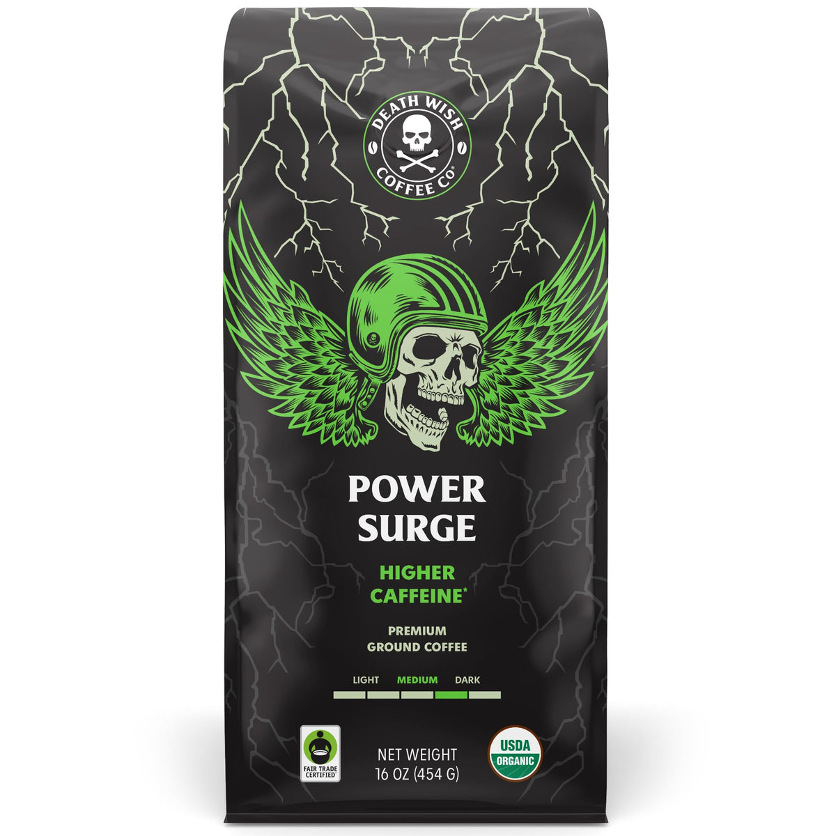Death Wish Coffee empaque frontal mostrando el sello de alto contenido energético
