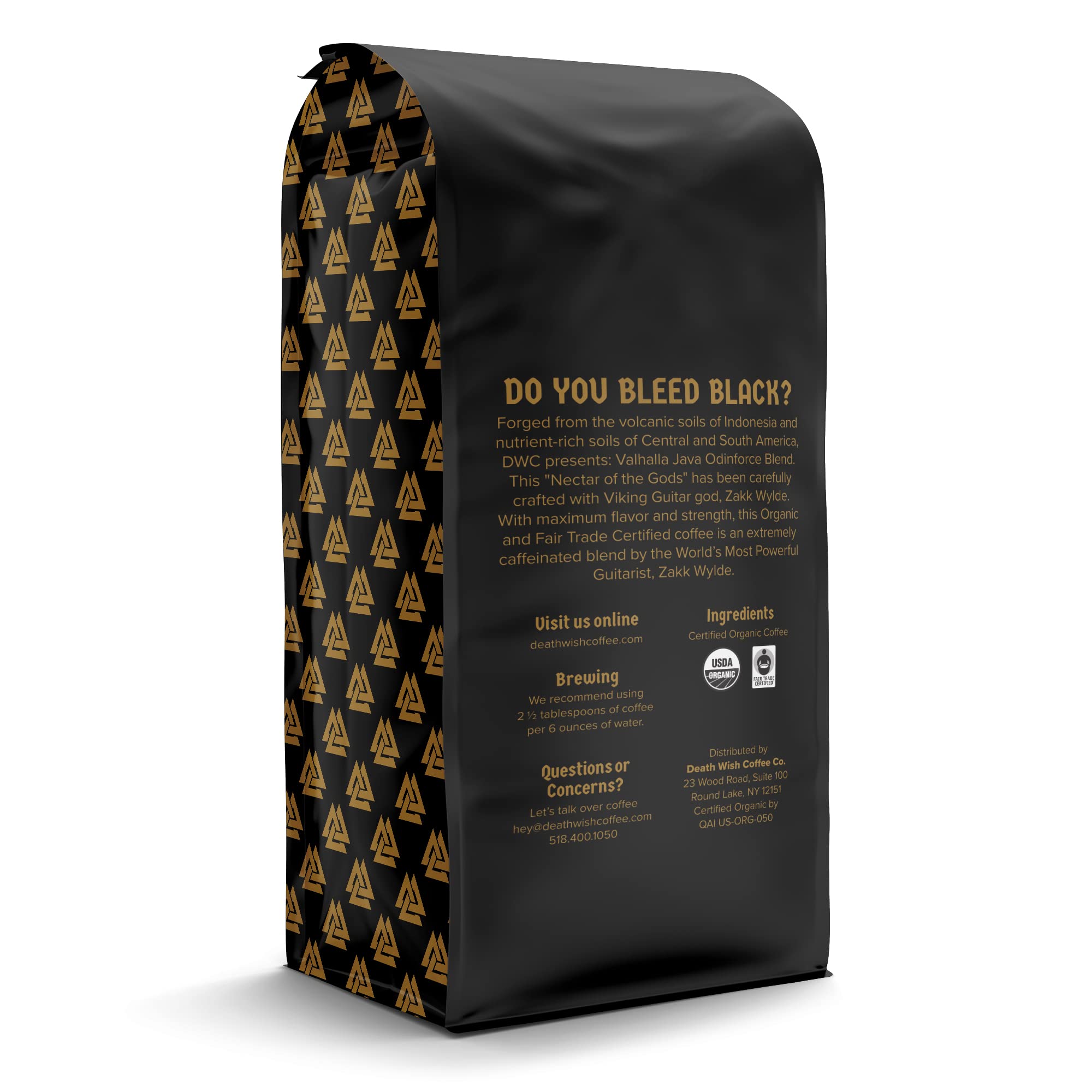 Death Wish Coffee etiqueta con sellos USDA Organic y Fair Trade mostrando confianza