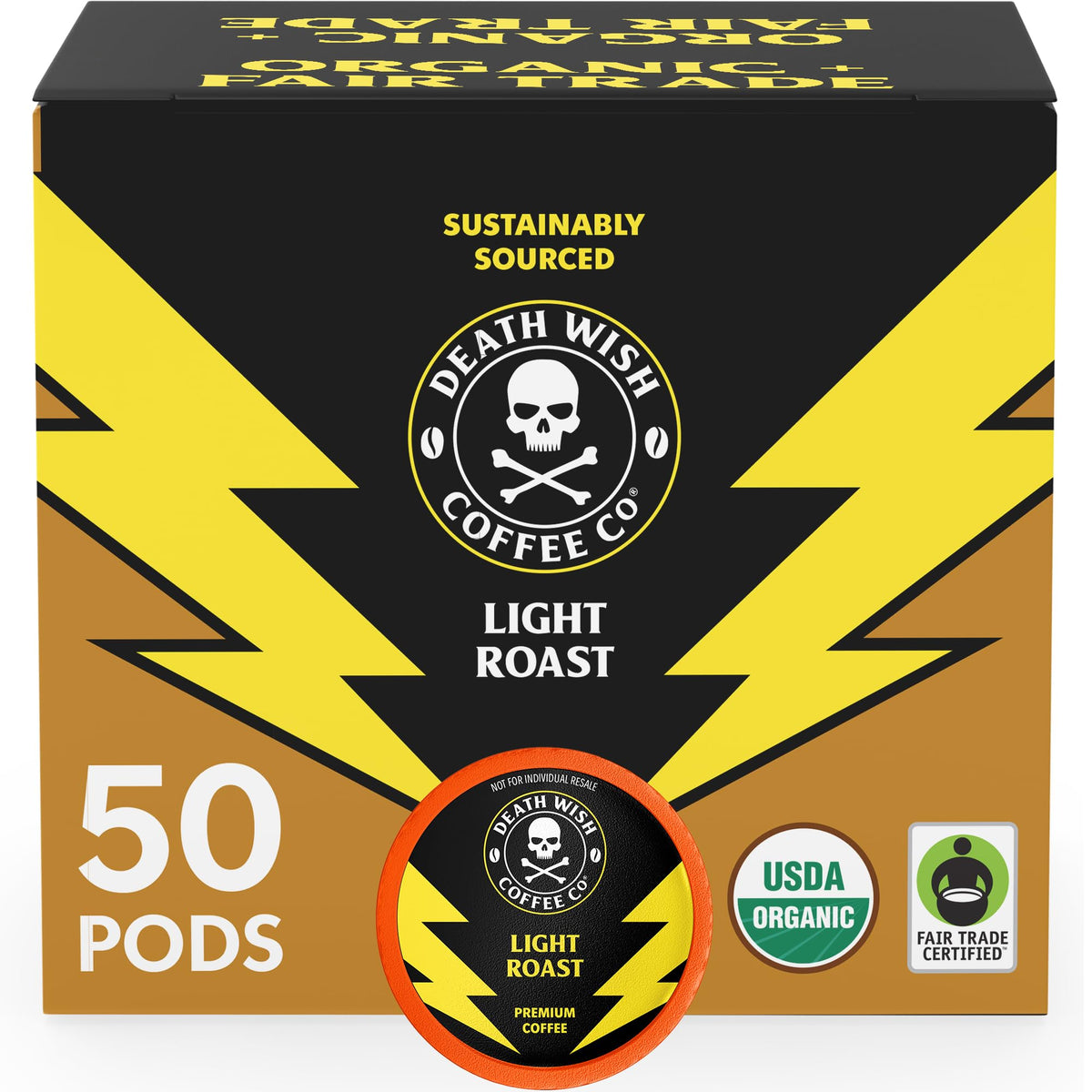 Death Wish Coffee envase frontal mostrando 50 cápsulas y beneficio de conveniencia
