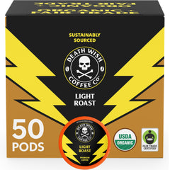 Death Wish Coffee envase frontal mostrando 50 cápsulas y beneficio de conveniencia