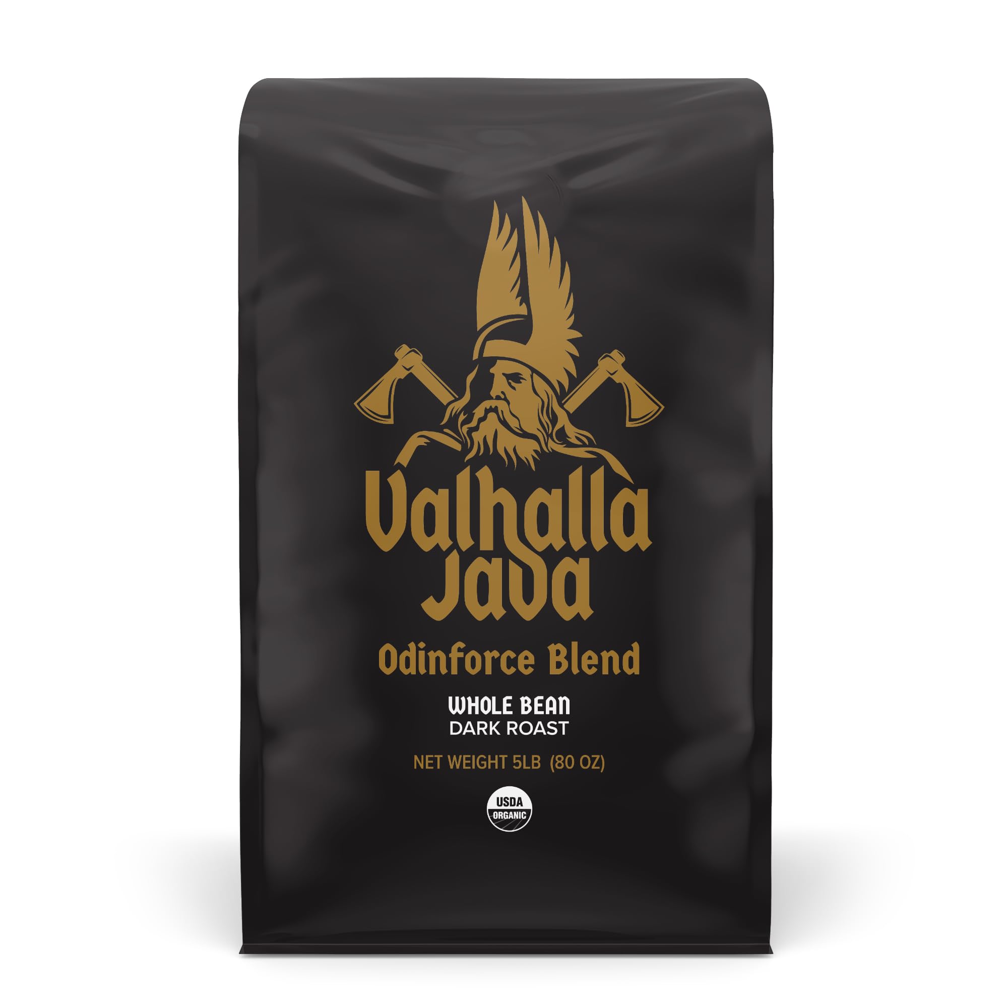 Death Wish Coffee frente de bolsa Valhalla Java mostrando empaque y peso