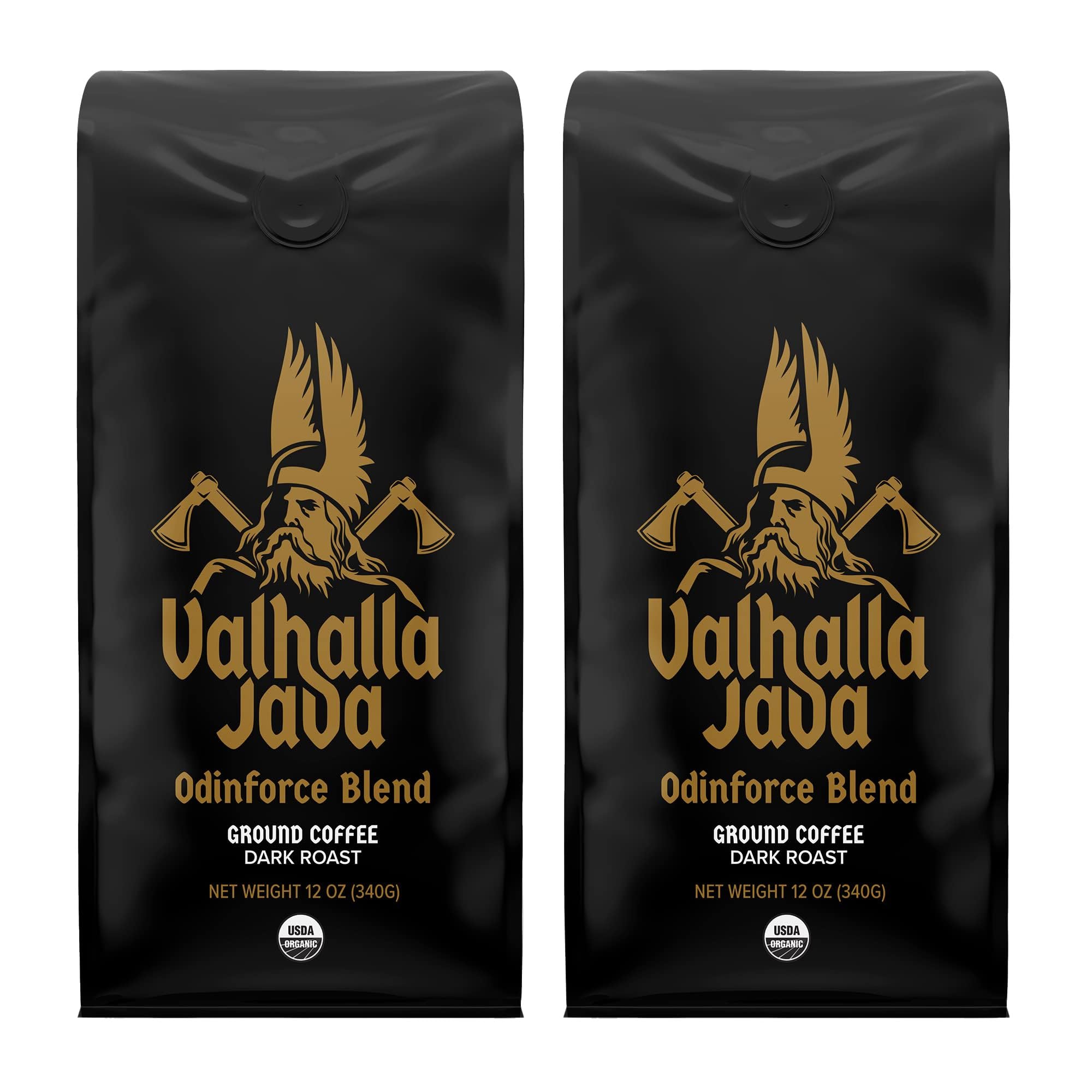 Death Wish Coffee empaque frontal Valhalla Java mostrando etiquetas orgánico y Fair Trade