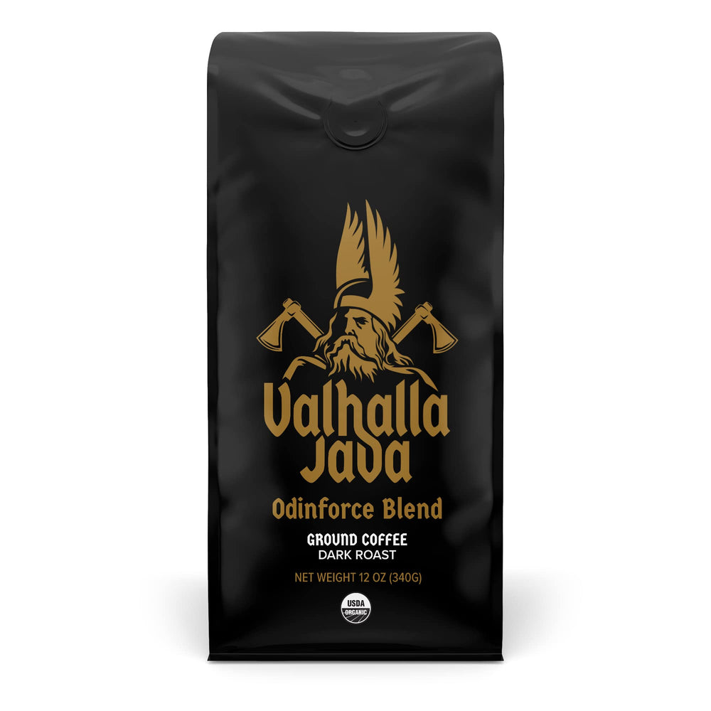 Death Wish Coffee paquete frontal mostrando el blend Valhalla Java y su diseño audaz