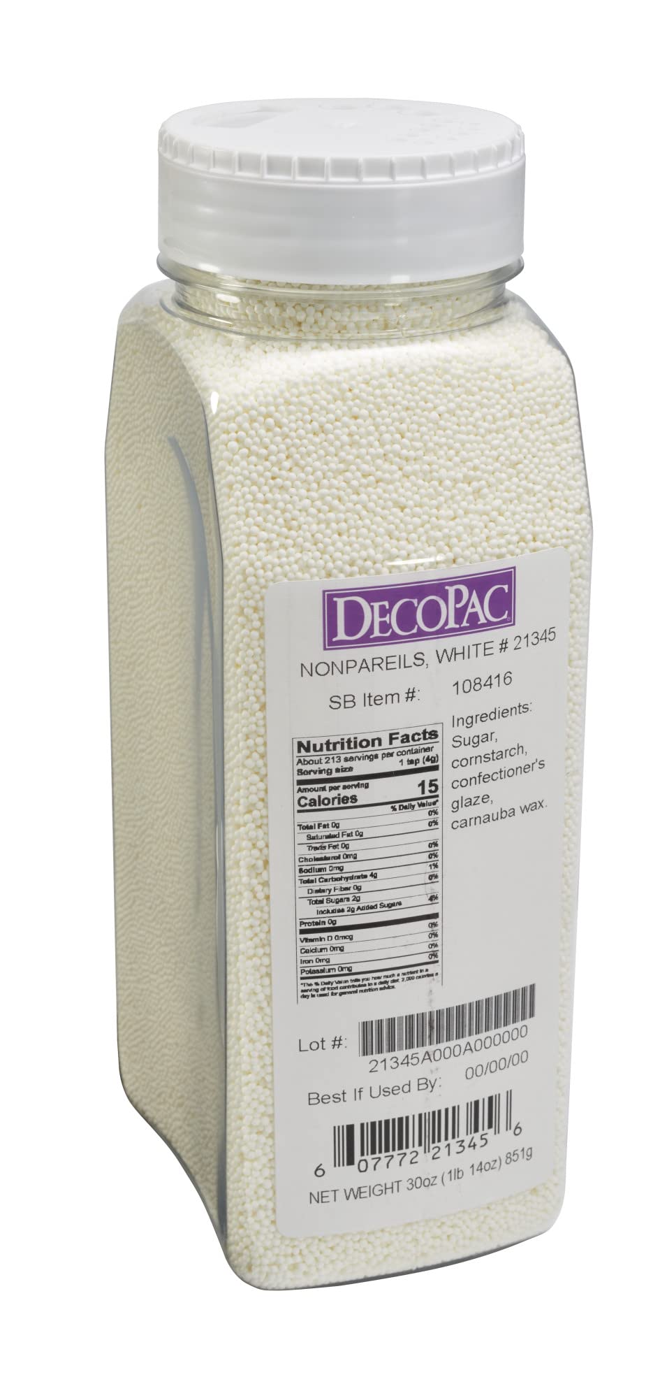 DecoPac envase frontal mostrando nonpareils blancas para decorado profesional