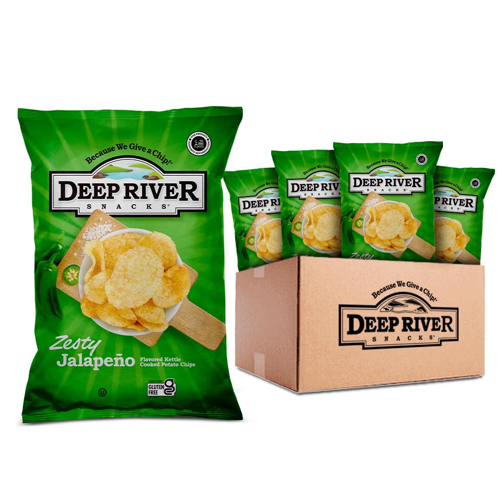 Deep River frente del paquete Zesty Jalapeno con vista clara del diseño y beneficio crujiente