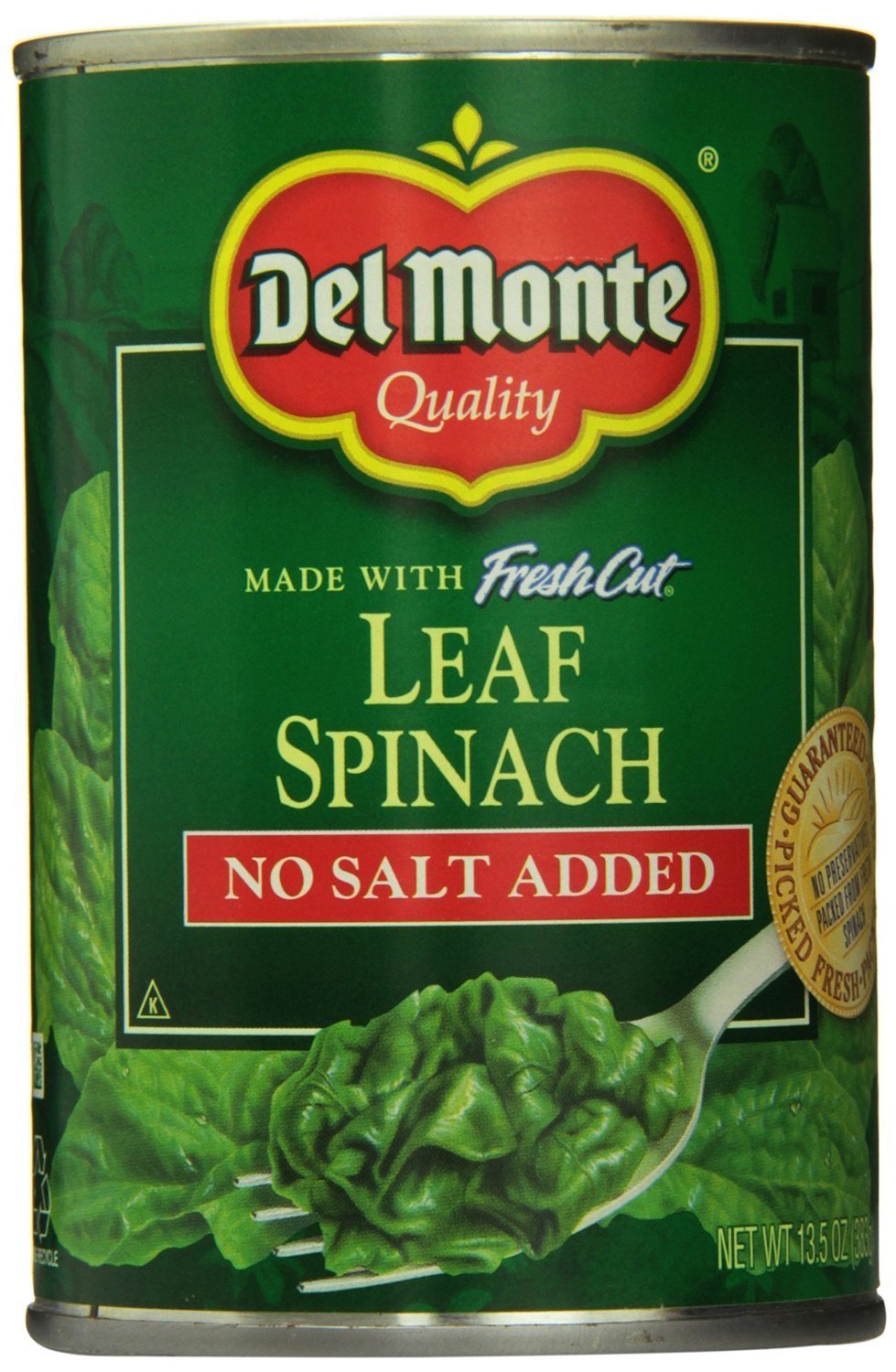 Del Monte espinaca en lata frente mostrando etiqueta y beneficio sin sal añadida