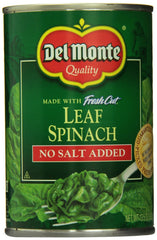 Del Monte espinaca en lata frente mostrando etiqueta y beneficio sin sal añadida