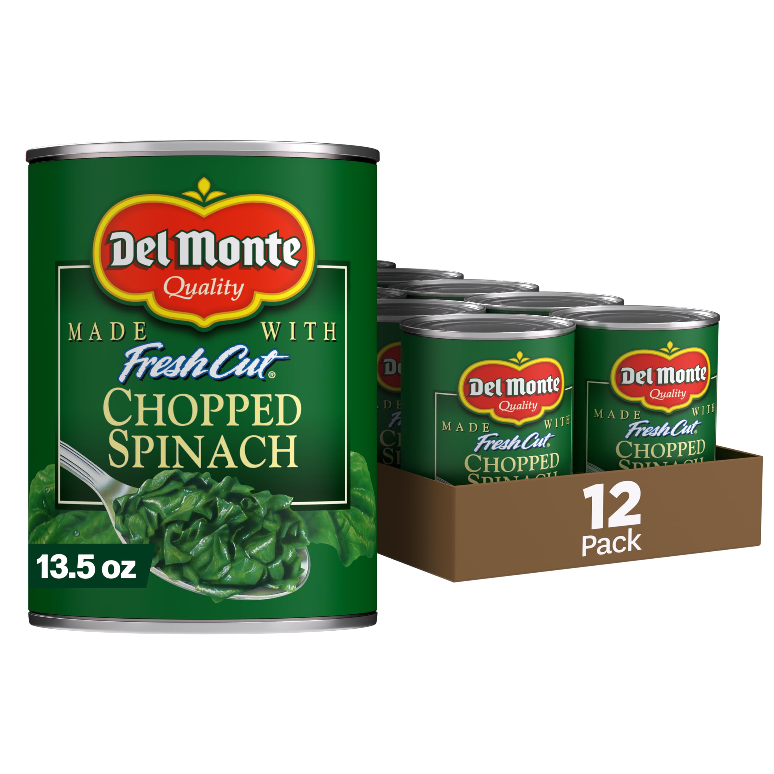 Del Monte lata frontal de espinaca troceada mostrando etiqueta clara y beneficios