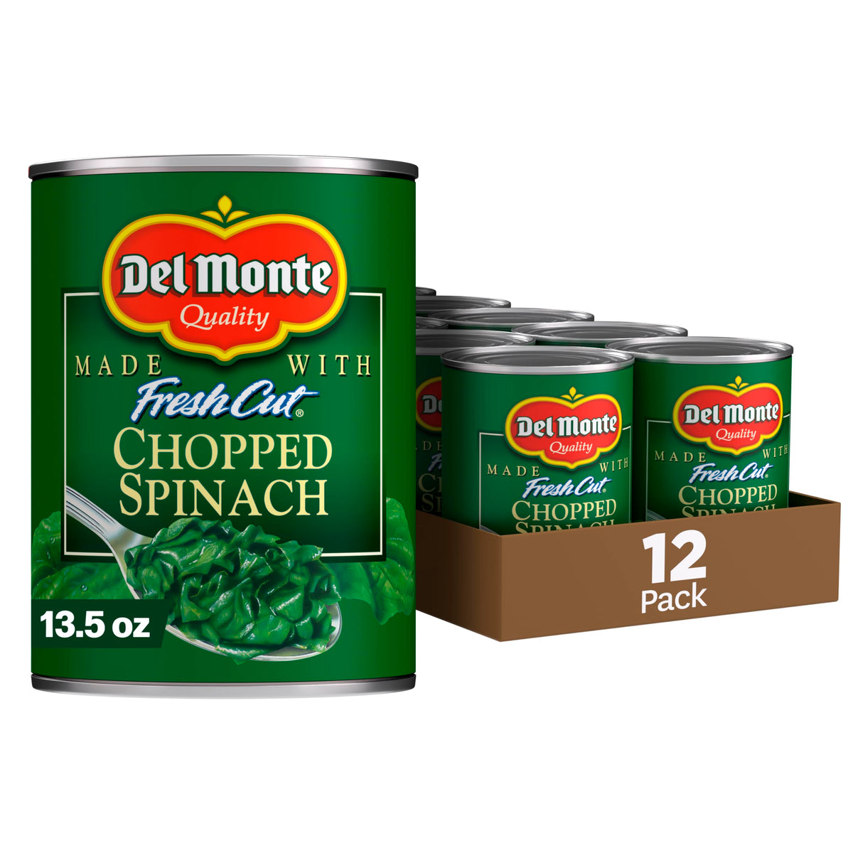 Del Monte lata frontal de espinaca troceada mostrando etiqueta clara y beneficios