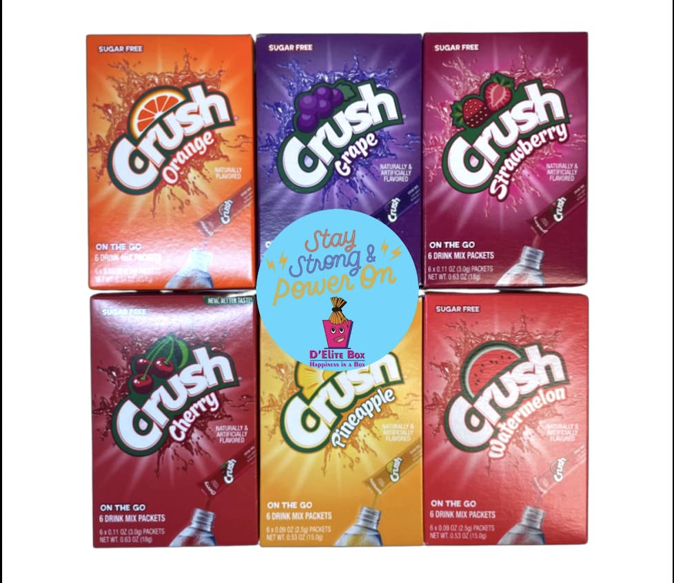 D'Elite Box vista frontal del paquete de 6 sobres Crush sin azúcar, facilidad de uso